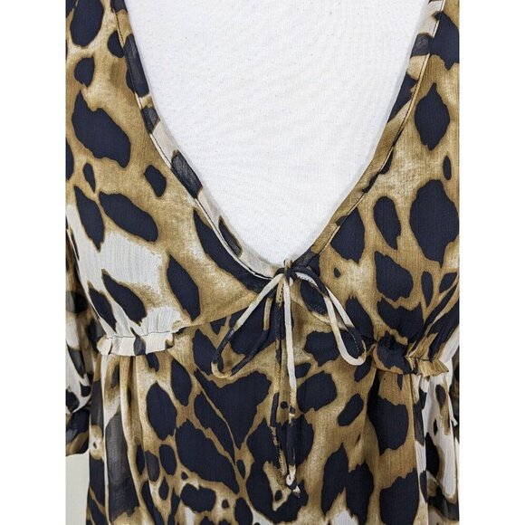 Vintage Y2K Babydoll Blouse Tunic Small Sheer Bishop Sleeve Leopard Lined Ruffle - Picture 5 of 6